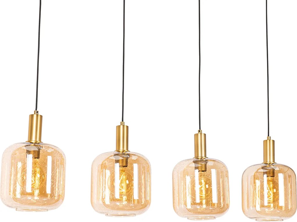 Designerska lampa wisząca czarna z mosiądzem i bursztynowym szkłem 4-światłowa - Zuzanna