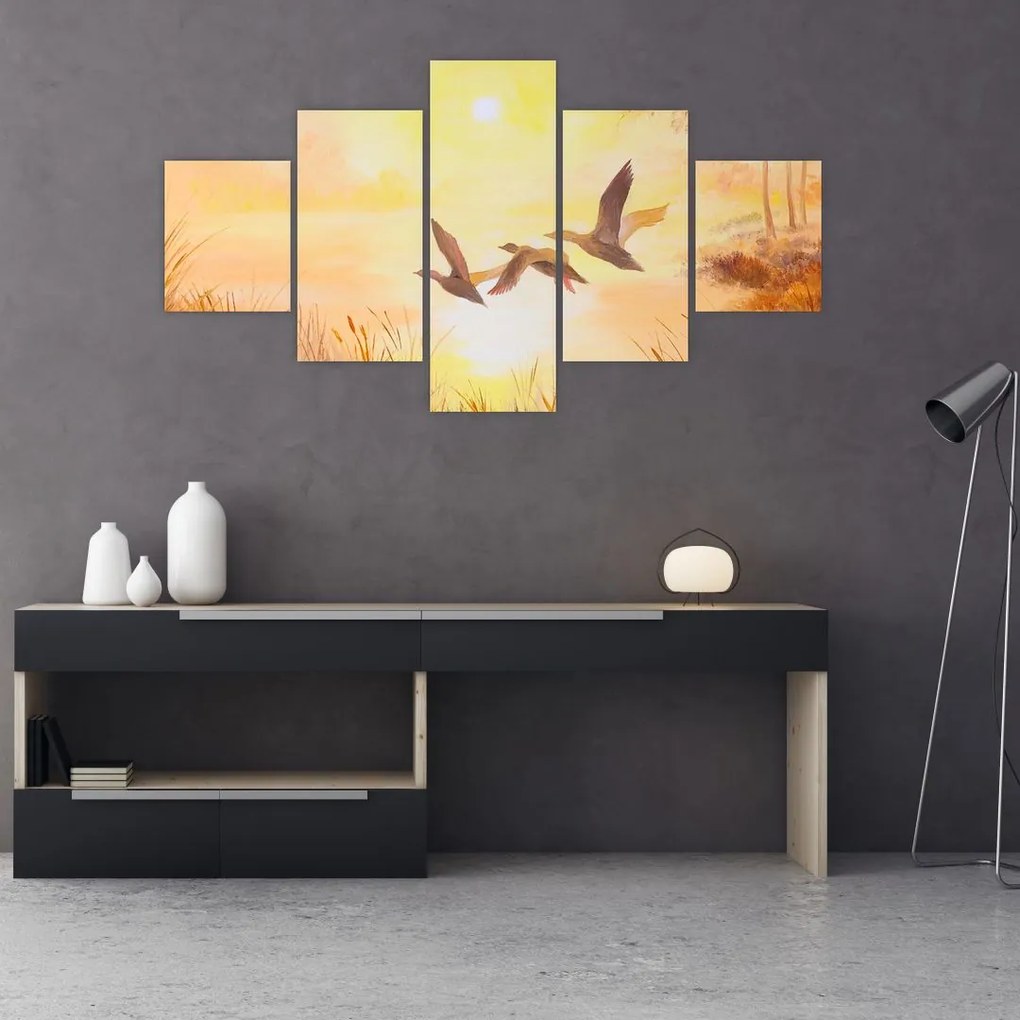 Obraz - Żurawie o zachodzie słońca (125x70 cm)