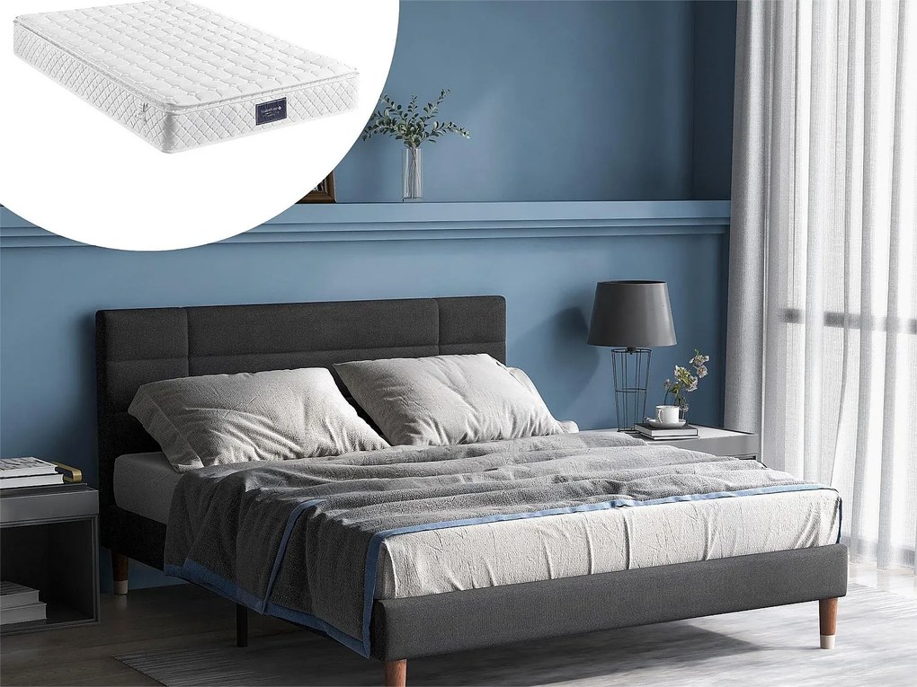 Łóżko z wezgłowiem - 140 x 200 cm - tkanina lniana - szare + materac