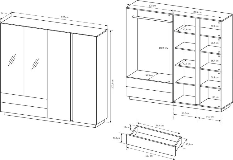RACO Szafa 220 Biała – 2 Szuflady + 2 Drzwi + 2x lustro