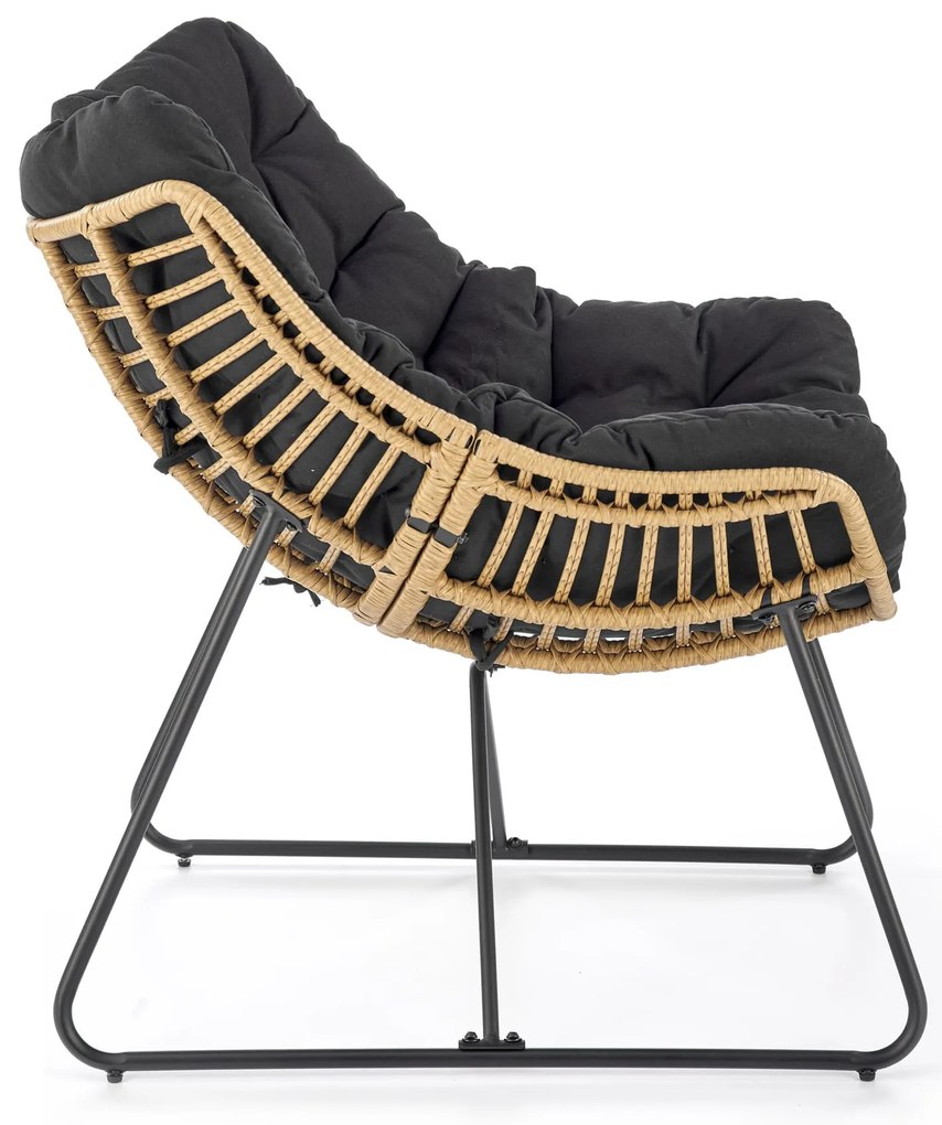 WHISPER fotel wypoczynkowy, czarny, naturalny, rattan, tkanina,