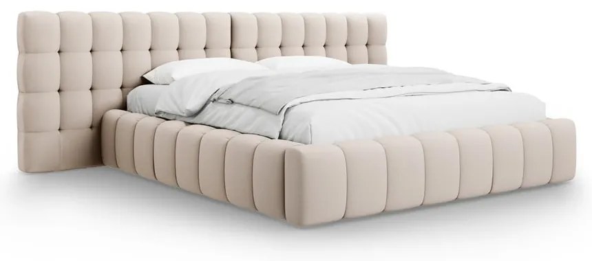Beżowe tapicerowane łóżko dwuosobowe ze schowkiem i stelażem 200x200 cm Mamaia – Micadoni Home