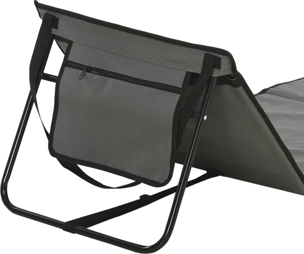 Outsunny Leżak plażowy, składany, regulowane oparcie, kieszeń boczna, miękkie wyściełanie, rama stalowa, Szary, 142x51x40cm