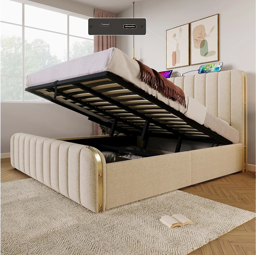 Łóżko tapicerowane dwuosobowe ze schowkiem - 180 x 200 cm - z zagłówkiem + portem USB + hydraulicznym schowkiem - len - beż
