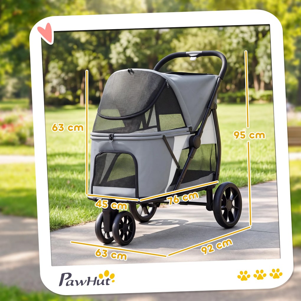 PawHut Wózek dla psa składany z zmywalną poduszką, oknami z siatki, 3 kołami, dla średnich psów do 20 kg, szary | Aosom PL