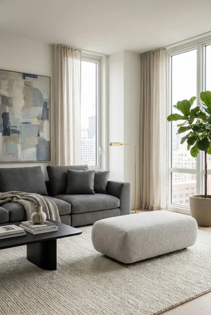 Jasnoszara pufa prostokątna do salonu nowoczesnego H4-R34