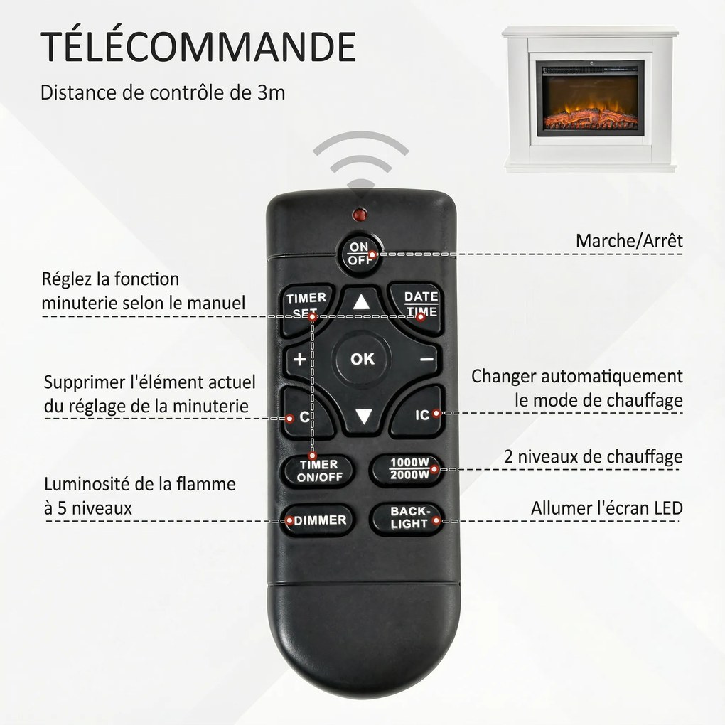 HOMCOM Elektryczny kominek, 3D LED płomienie, pilot, timer, MDF, Biały
