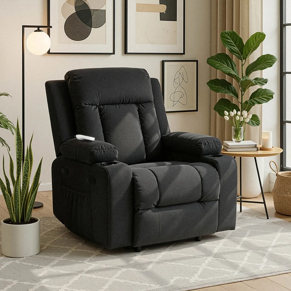 Fotel Masujący BOX 2 Rozkładany z Podnóżkiem Czarny Nowoczesny