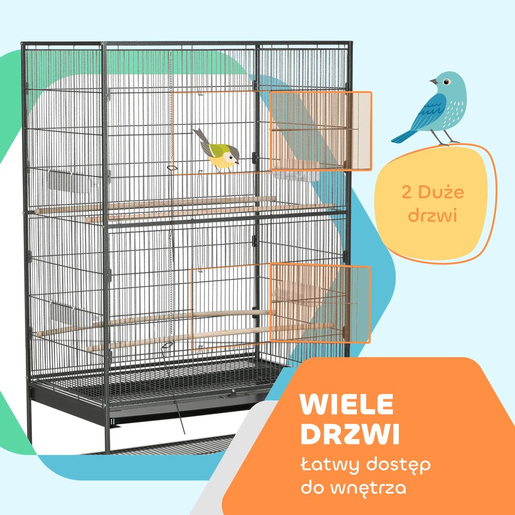 PawHut Klatka dla ptaków z drążkami siedziskowymi, zabawkami dla ptaków, wyjmowaną tacą na dnie, 1 półka, Szary