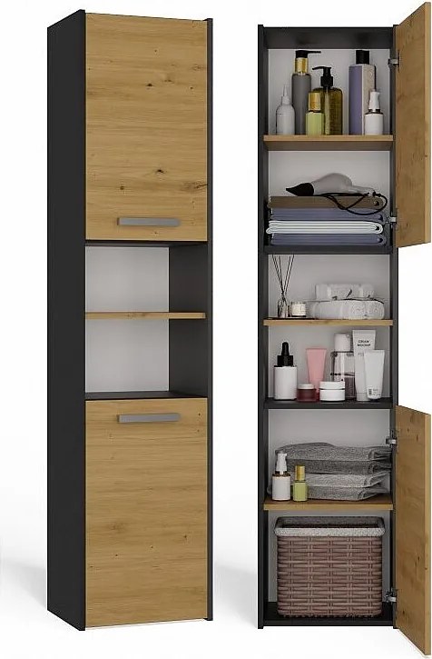 Szafka Łazienkowa Sara S40 | Antracyt/Dąb Artisan | 40x30x170 cm | Słupek Łazienkowy, Półki