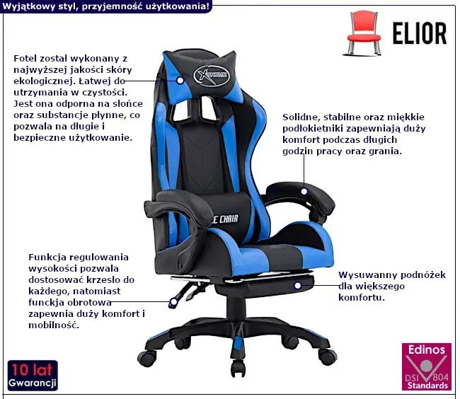Czarno-niebieski fotel gamingowy z podnóżkiem - Arvola 8X