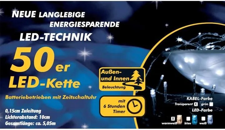 Świąteczny LED łańcuch - 5 m, 50 diod, ciepła biel