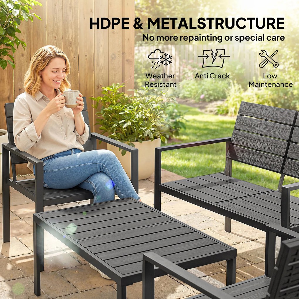 Outsunny Zestaw mebli ogrodowych dla 4 osób sofa dwuosobowa dwa fotele stolik kawowy czarny ogród taras | Aosom PL