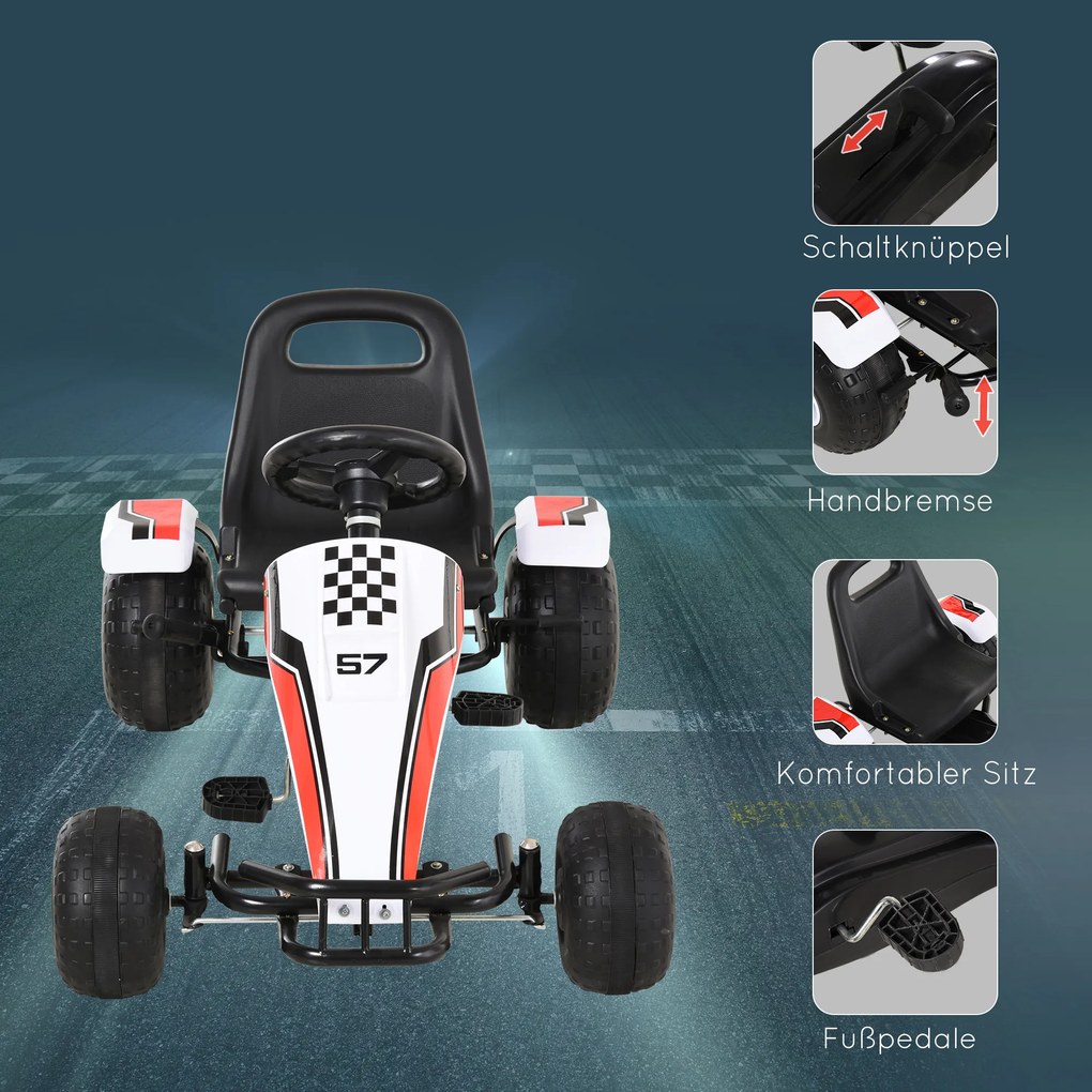 Gokart HOMCOM samochód dziecięcy na pedały z pedałem hamulca zabawka dla dzieci 3–8 lat stal kolor biały 104 x 66 x 57 cm z