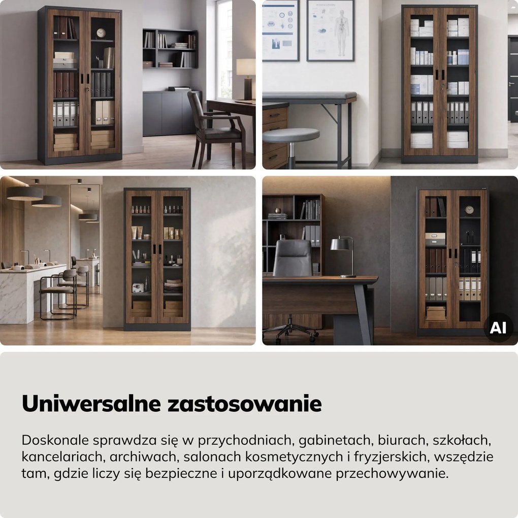 Witryna przeszklona metalowa wysoka z zamkiem antracytowa/orzech, 900x1850x400 mm: AMELIA Eco Design