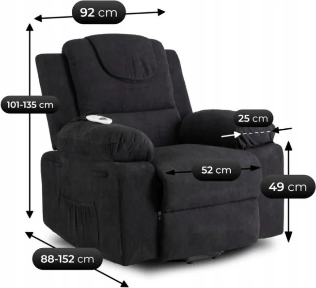 Fotel Masujący FENIX z Funkcją Wstawania Elektrycznie Rozkładany Czarny Nowoczesny