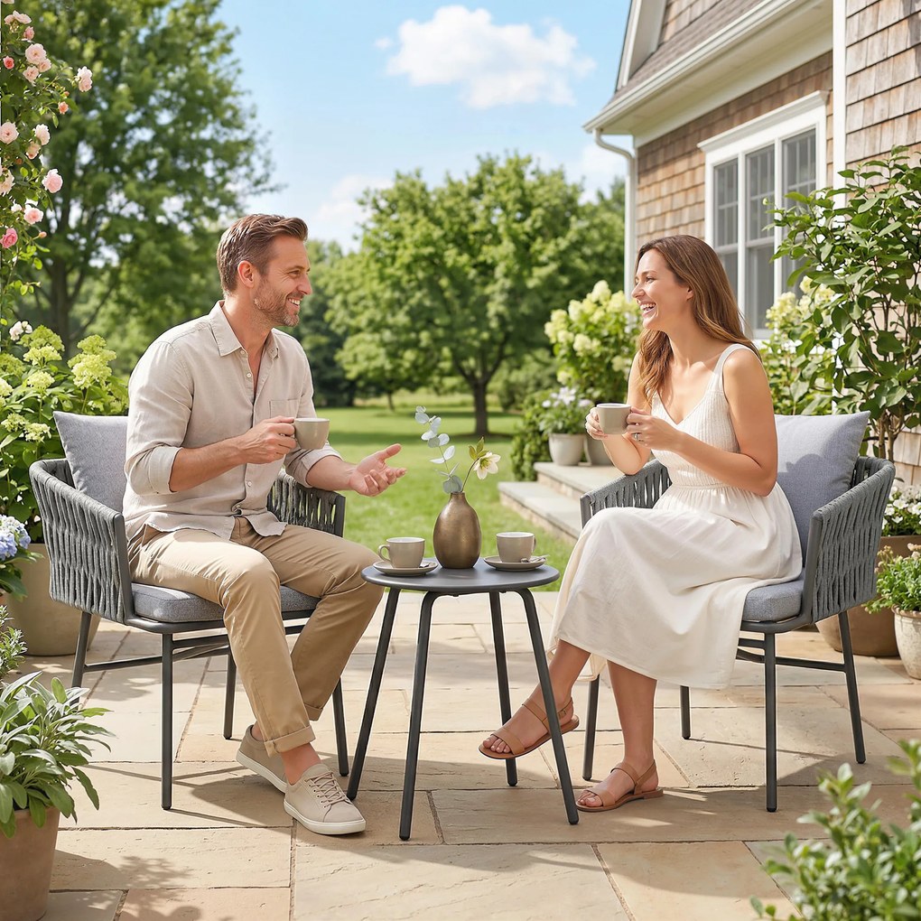 Outsunny 3-częściowy Zestaw Mebli Ogrodowych, 2 Krzesła, 1 Stół, Zestaw Bistro, Sztuczny Rattan, Rama Stalowa, Stół Metalowy, 4 Poduszki, Szary