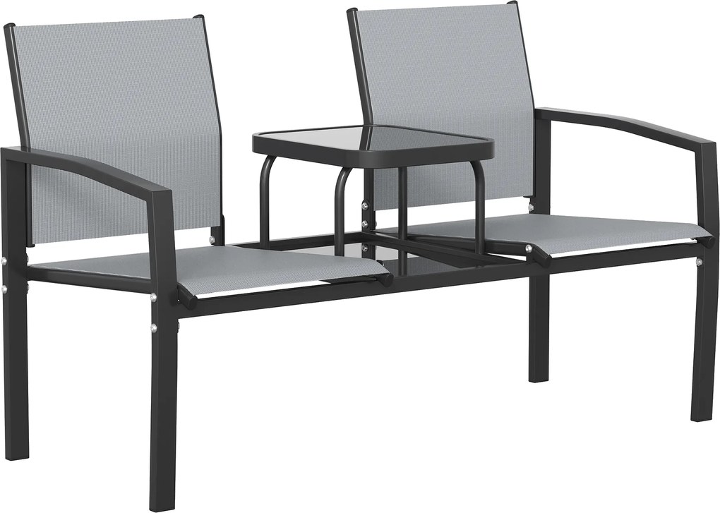 Outsunny Dwuosobowa ławka ogrodowa z oparciem i podłokietnikami, dwupoziomowy stolik, ławka parkowa 240 kg obciążenia, 135 x 67 x 81 cm, szary | Aosom PL