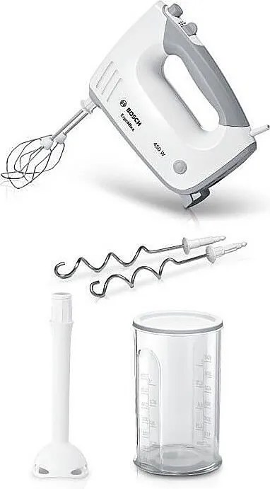 Mikser Bosch MFQ36440 450W 5 prędkości z trzepaczkami, hakami ze stali nierdzewnej i miarką z pokrywką