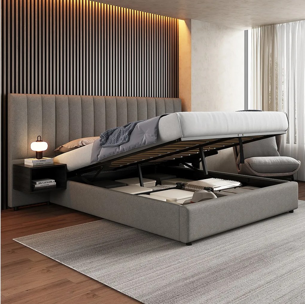 Łóżko ze schowkiem 160 x 200 cm z dużym wezgłowiem i 2 szafkami nocnymi - Tkanina lniana - Szary + czarny (bez materaca)