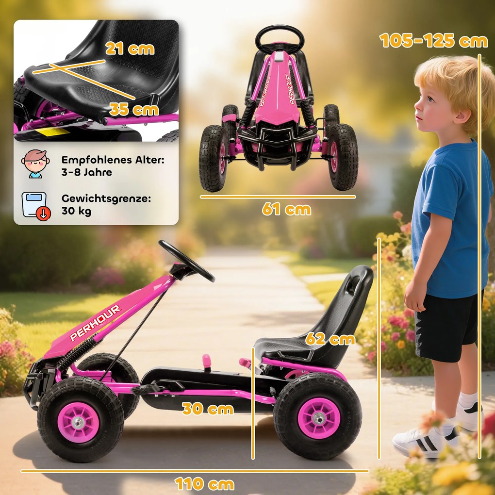 AIYAPLAY Gokart na pedały dla dzieci, regulowane siedzisko, opony EVA, hamulec, sprzęgło, 3-8 lat, różowy