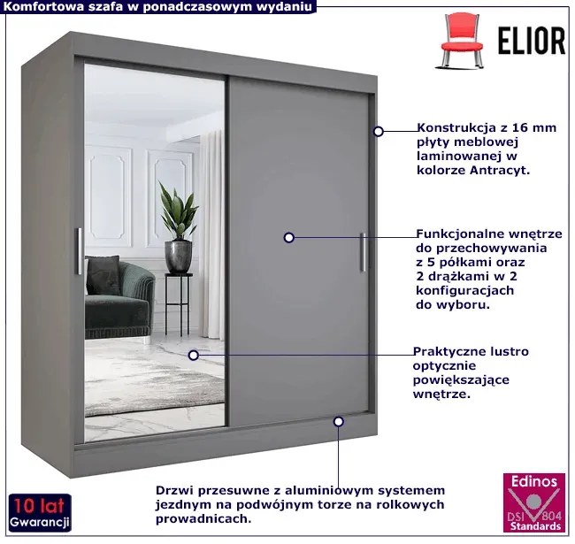 Szafa przesuwna antracyt 180 cm Parvat