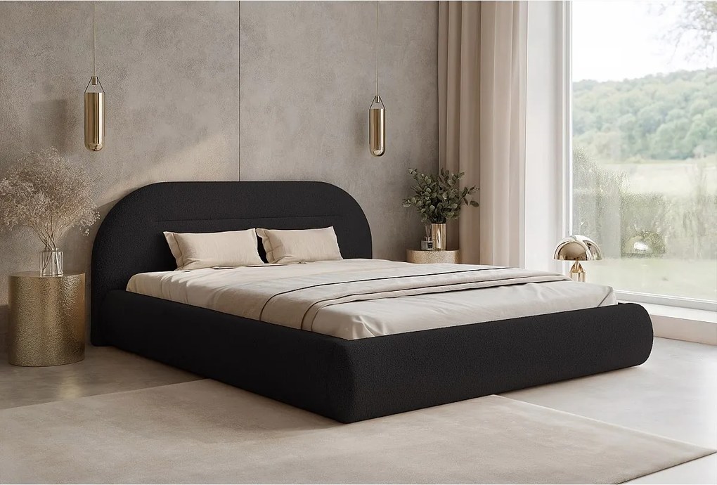 BESILIO Nowoczesne łóżko z pojemnikiem 180x200 Apolline - łóżko zaokrąglone wezgłowie, miękka tkanina pluszowa- Czarny