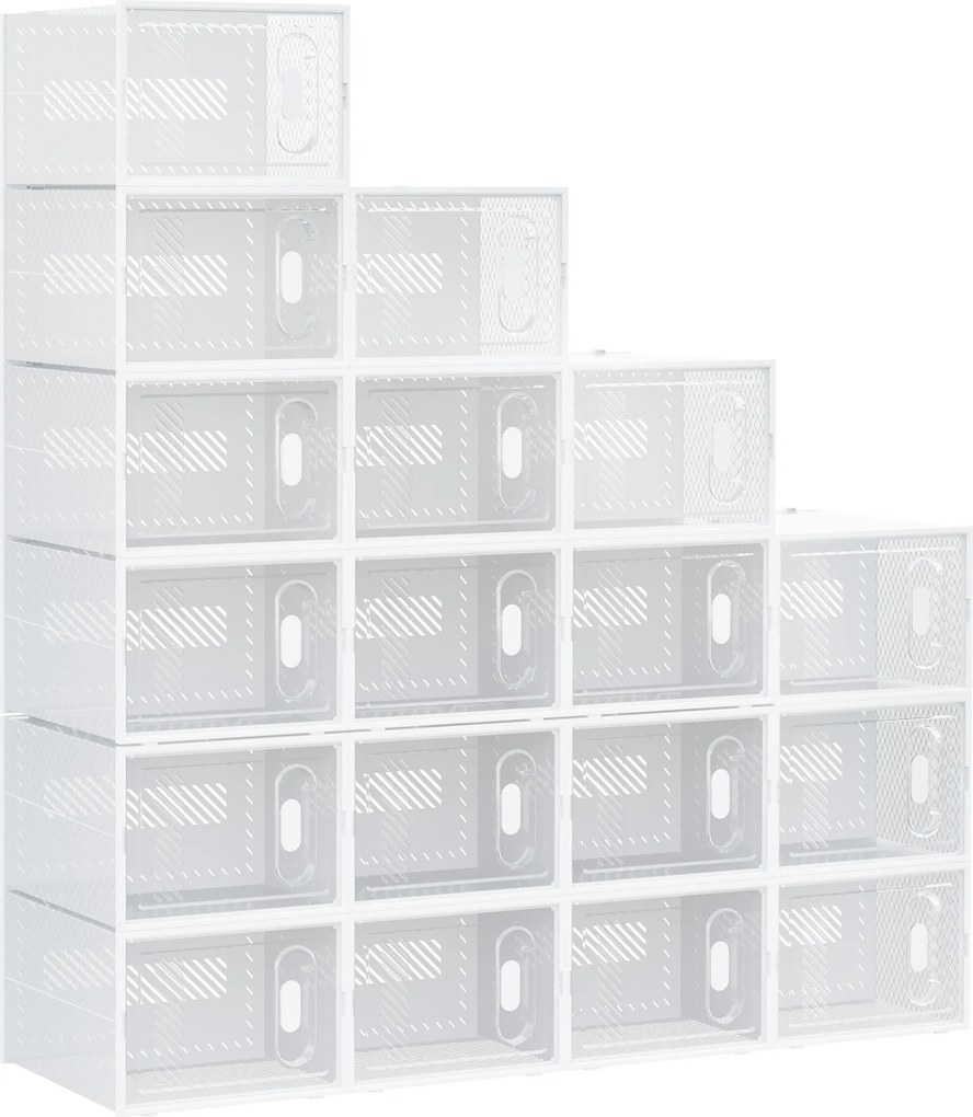 HOMCOM 18-elementowy regał na buty, stabelowane pudełka na buty do rozmiaru 45, magnetyczne drzwi, tworzywo sztuczne, 28 x 36 x 21 cm