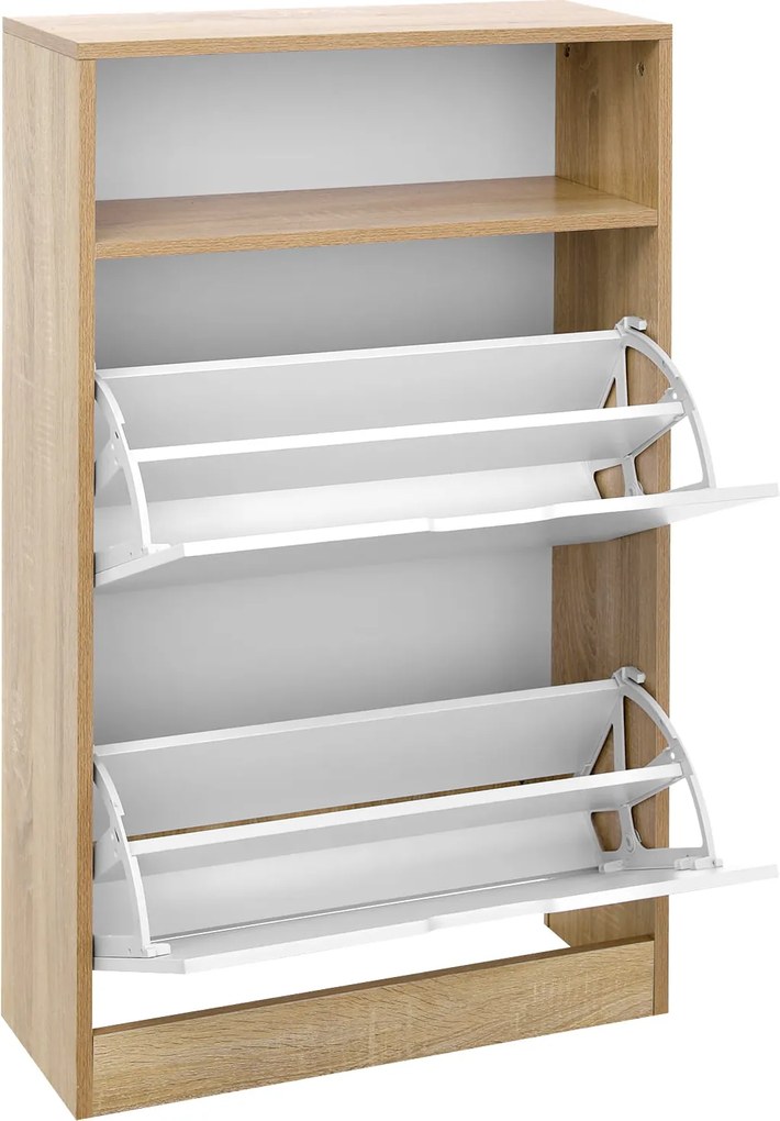 PROMOCJA Składana szafka na buty BOCO dekor dąb i biała, 2 półki II gatunek
