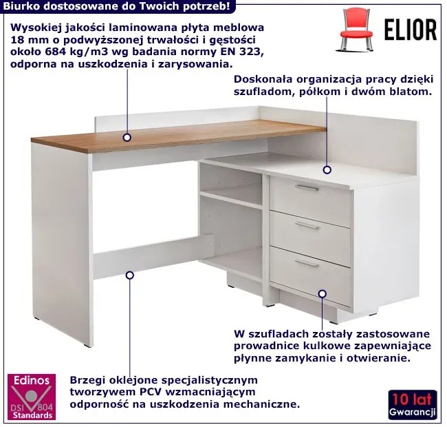 Białe Nowoczesne Narożne Biurko Z Dwupoziomowym Blatem T2-K75