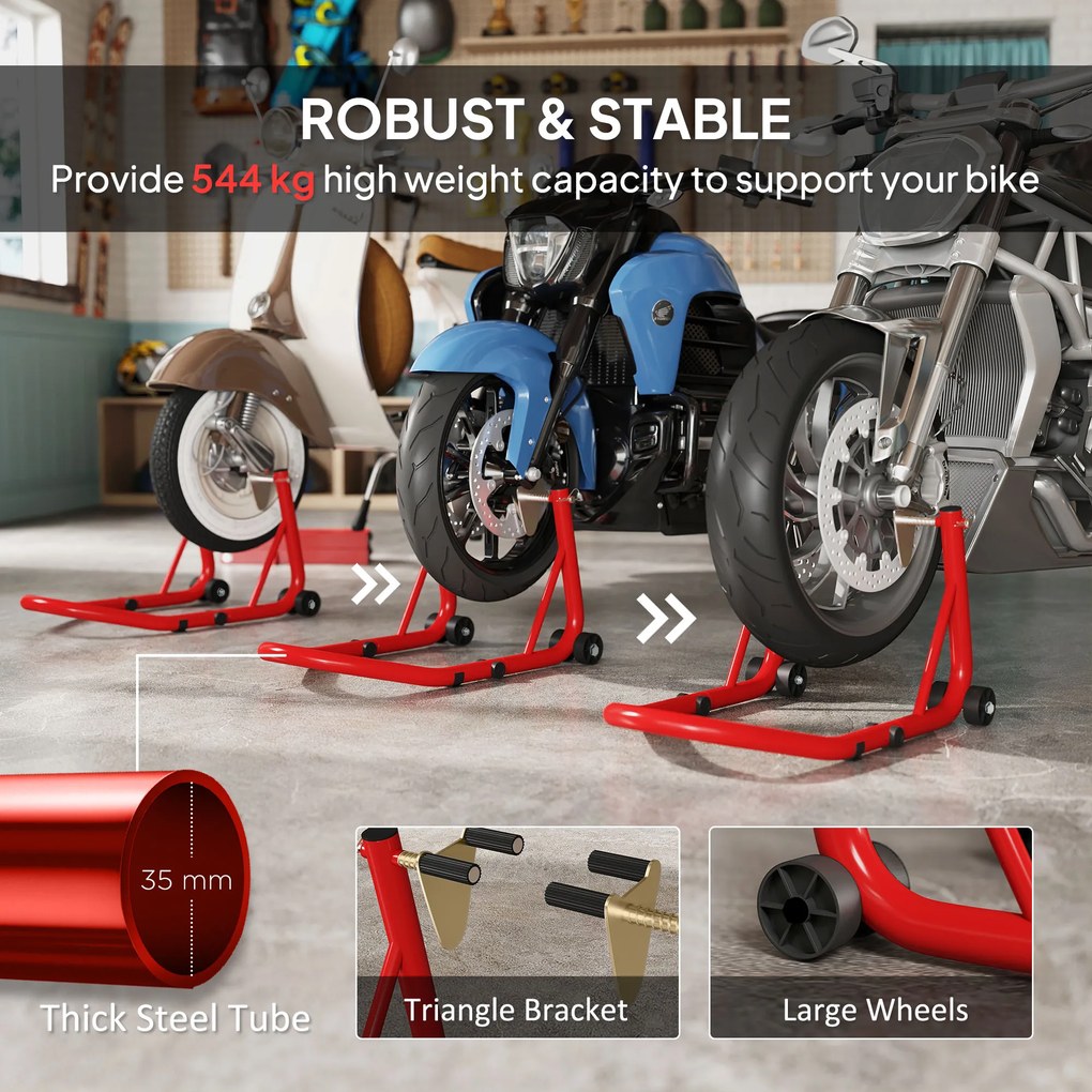 HOMCOM Stojak Motocyklowy Zestaw do Przedniego/Tylniego Koła Podnośnik Motocyklowy do 544 kg Stalowy Czerwony