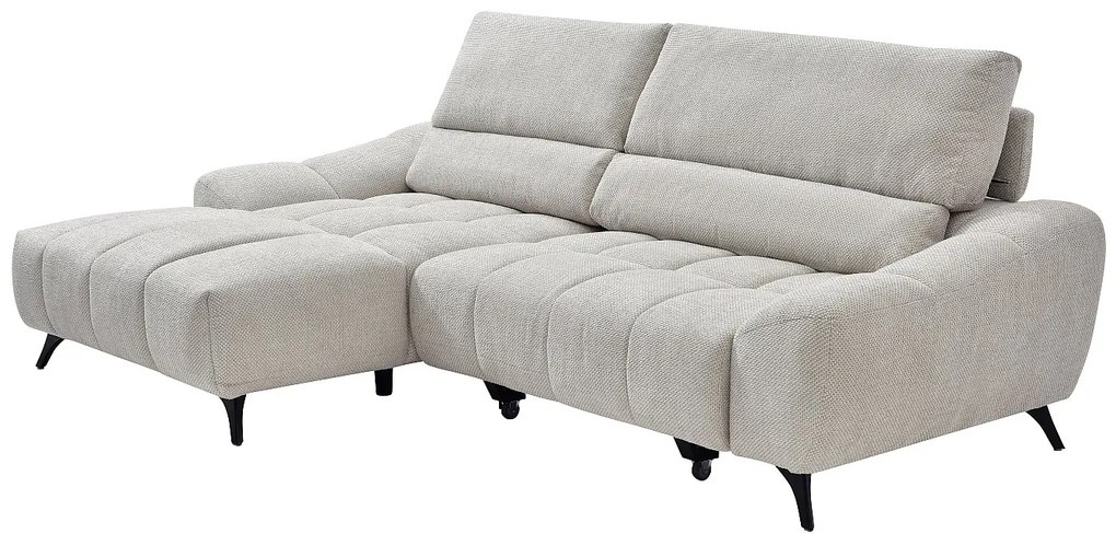 Kanapa narożna relaksacyjna lewostronna z wysuwanym siedziskiem w beżowej tkaninie ELOSIA