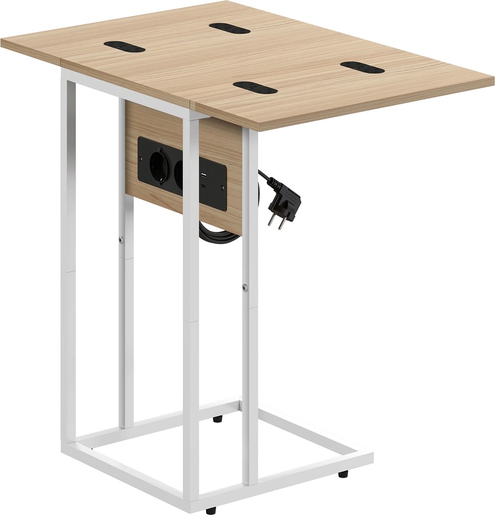 HOMCOM Składany stolik boczny, stacja ładująca z portami USB, metal, 39 x 29 x 57 cm, kolor drewna | Aosom PL