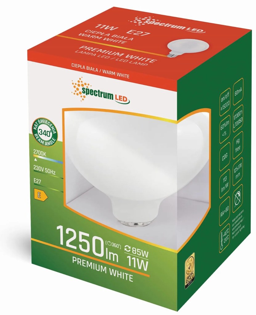 ŻARÓWKA LED GLOB G125 E-27 230V 11W WW WOJ+14367