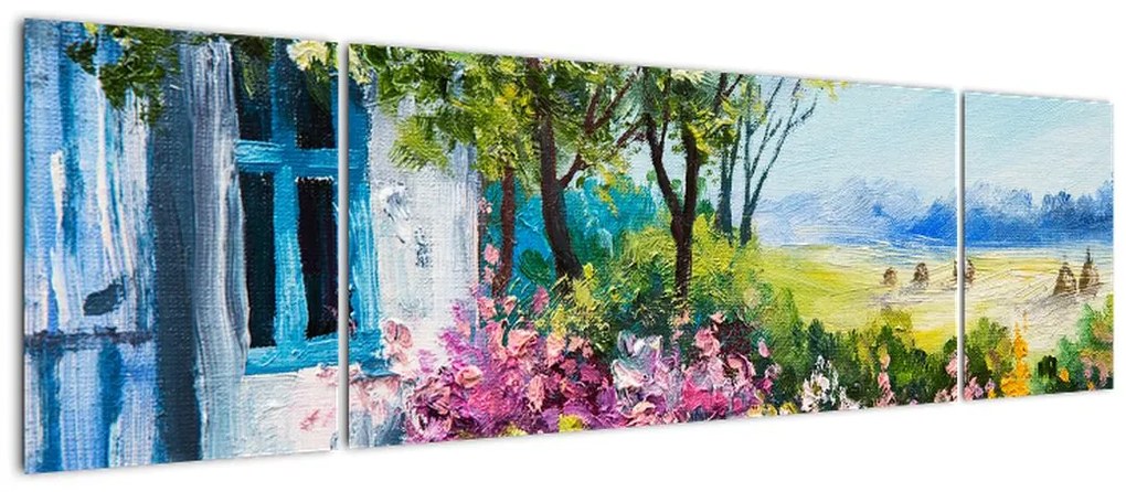 Obraz ogrodu przed domem, obraz olejny (170x50 cm)