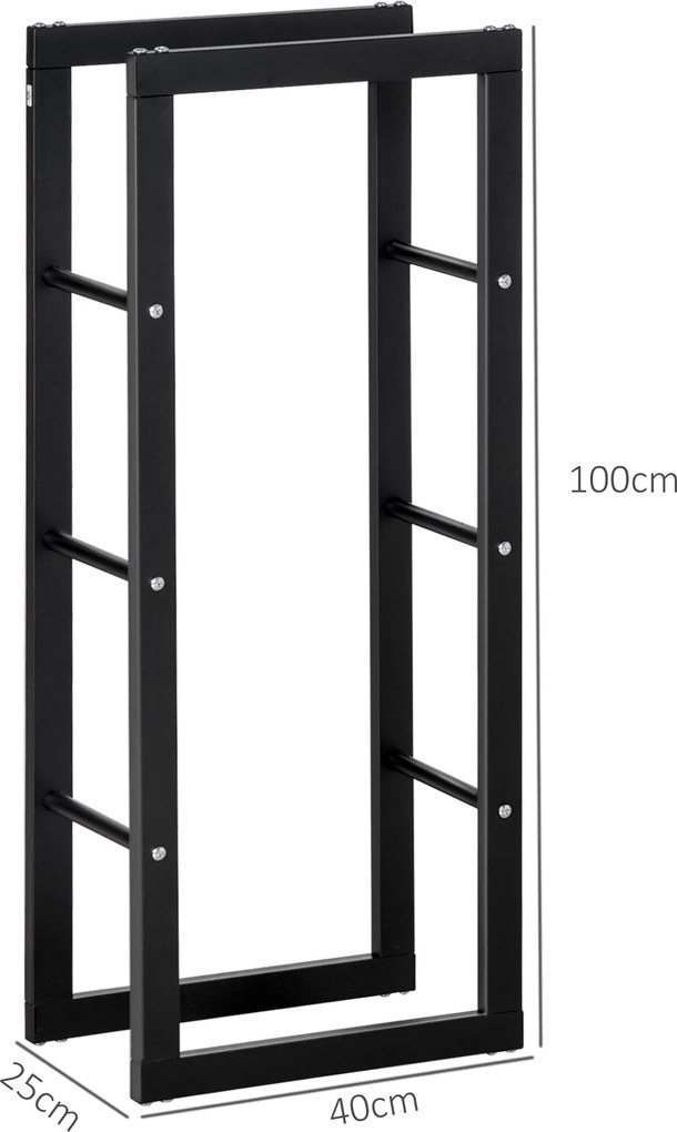 HOMCOM Stojak na drewno kominkowe Półka na drewno Pojemnik na drewno opałowe 100 kg Stal Czarny dł. 40 x szer. 25 x wys. 100 cm