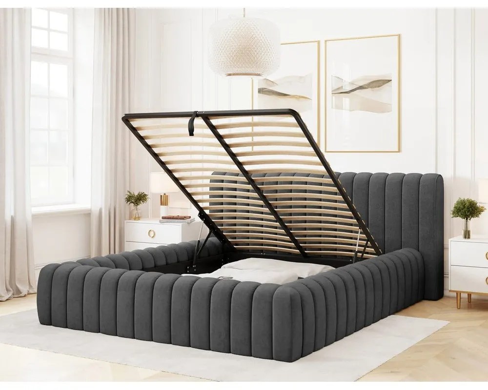 Ciemnoszare tapicerowane łóżko dwuosobowe ze schowkiem ze stelażem 140x200 cm Carilla – ELTAP