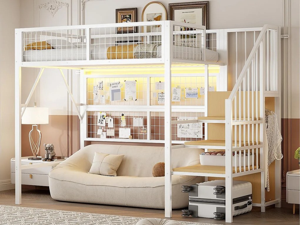 Łóżko mezzanine 90x200 - z oświetleniem LED - z drabiną do przechowywania - z otwartą szafą - białe (bez materaca)