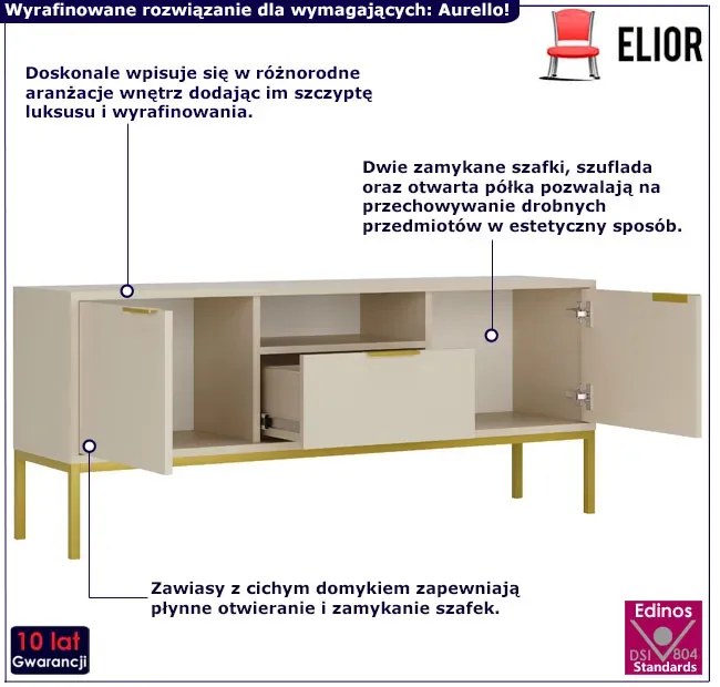 Szafka RTV na złotych nóżkach 135 cm kaszmir - Pascal 5X