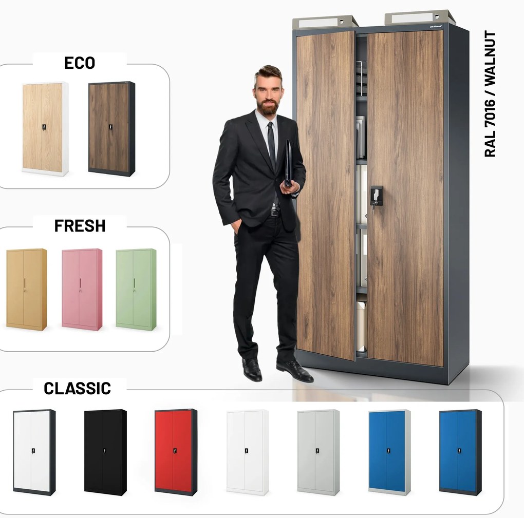 Szafa na dokumenty biurowa metalowa antracytowa/ orzech: Eco Design JAN H, 900 x 1950 x 400 mm