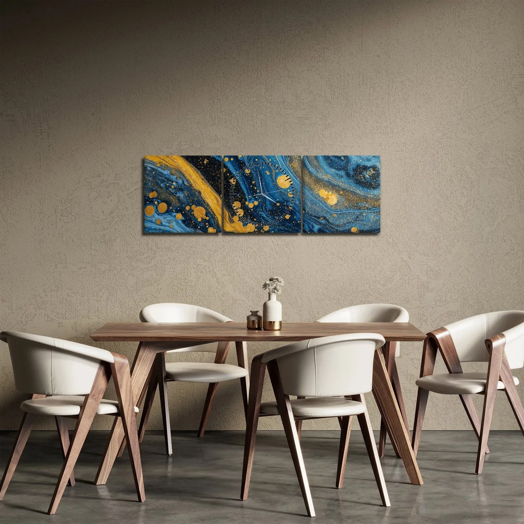 Obraz - Niebieska abstrakcja ze złotem (z zegarem) (90x30 cm)