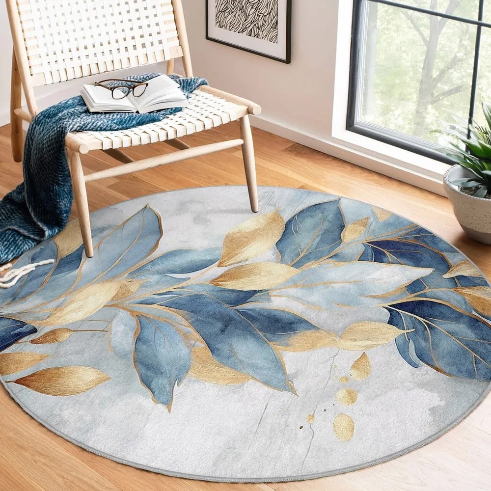 Okrągły dywan w niebiesko-złotym kolorze odpowiedni do prania ø 100 cm Golden Leaves – Mila Home