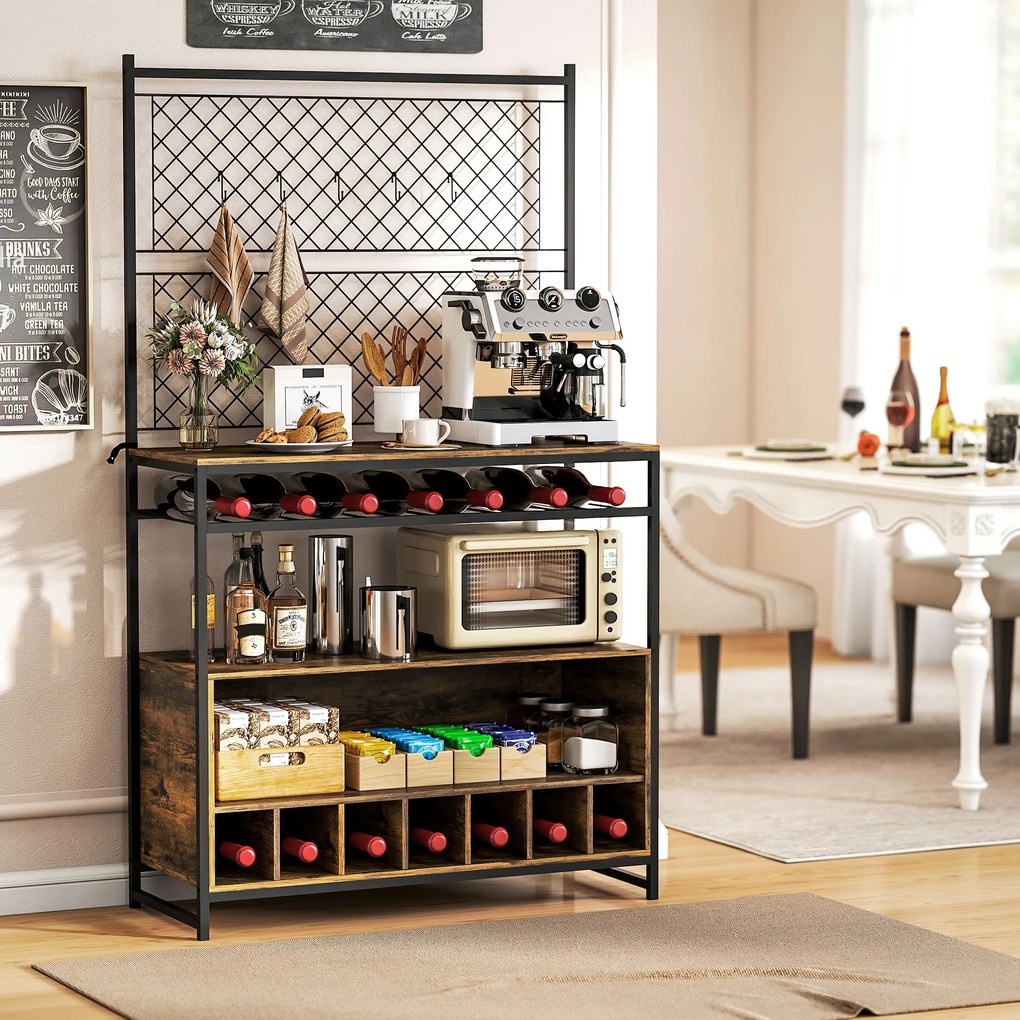 HOMCOM Regał kuchenny z blatem roboczym, panele siatkowe, 5 haczyków, szafka kuchenna na przyprawy, garnki, patelnie, brązowy