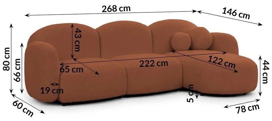 Narożnik z materiału bouclé (prawostronny/z szezlongiem) w kolorze terakoty Orbit – Ropez