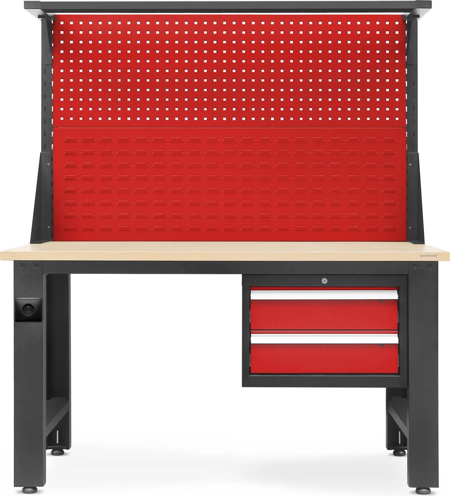 Biurko warsztatowe z perforowaną tablicą antracytowo-czerwone, 1500x1700x750 mm: LOGAN