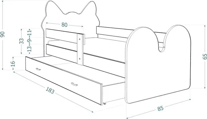 Łóżko dziecięce Mruczek z szufladą 80x140/160/180 barierka kotek MDF + stelaż Flex