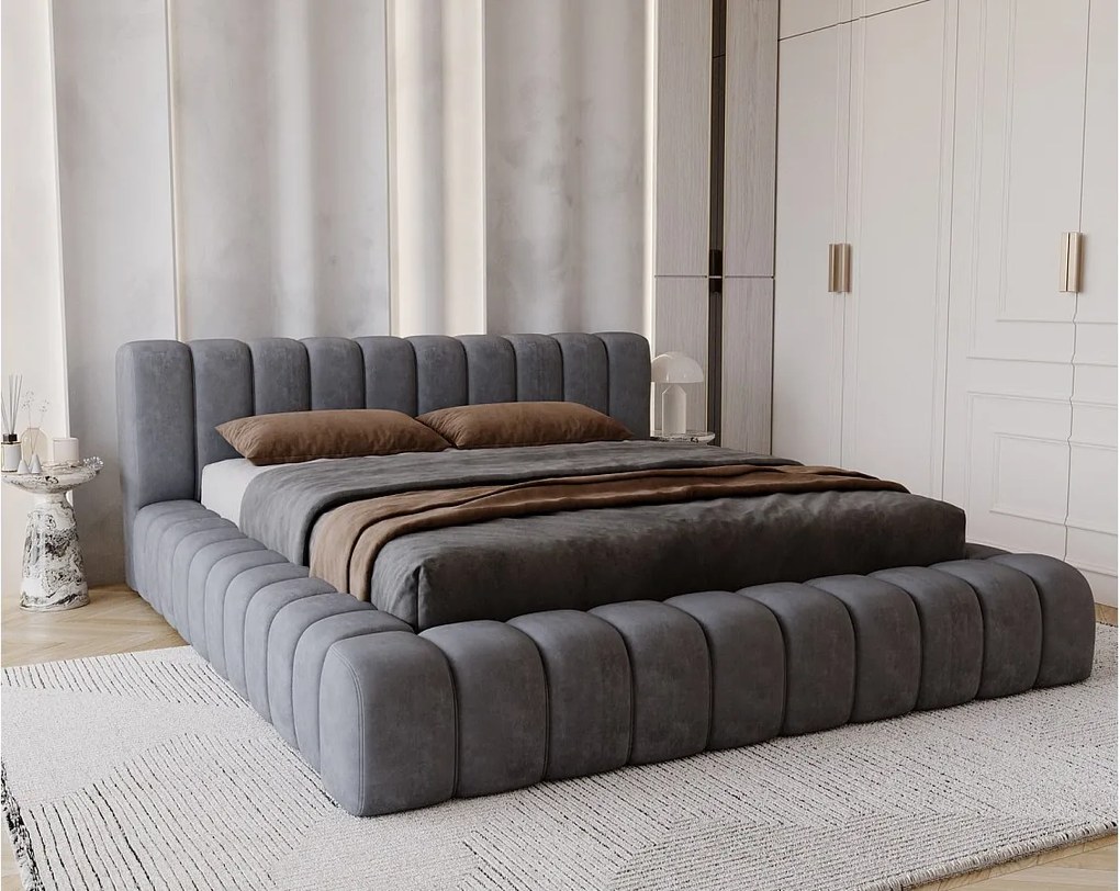 Emporius Como łóżko z pojemnikiem do sypialni - łózko tapicerowane 180x200, nowoczesny styl - duże łózko, gruba pianka - tkanina velvet, ciemny szary (Whisper 15)