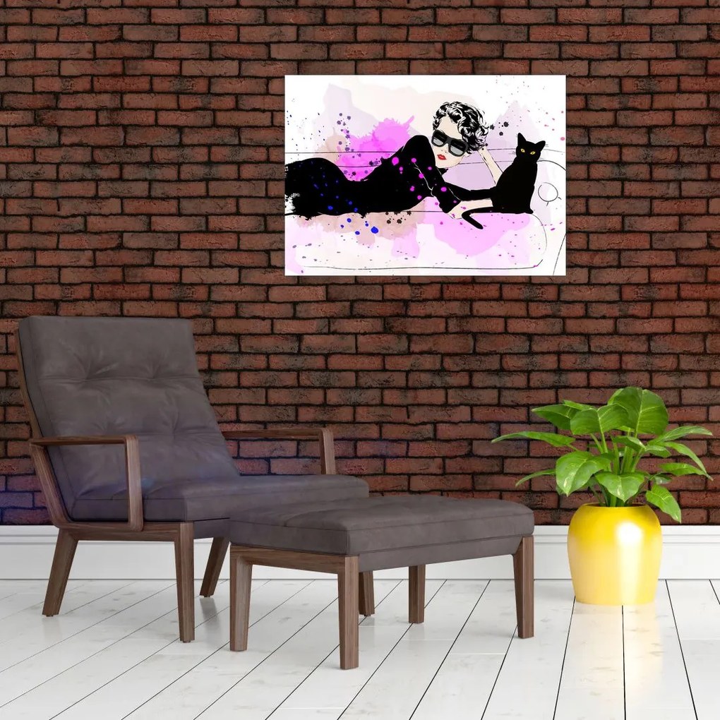 Obraz na szkle - Kobieta z czarnym kotem (70x50 cm)
