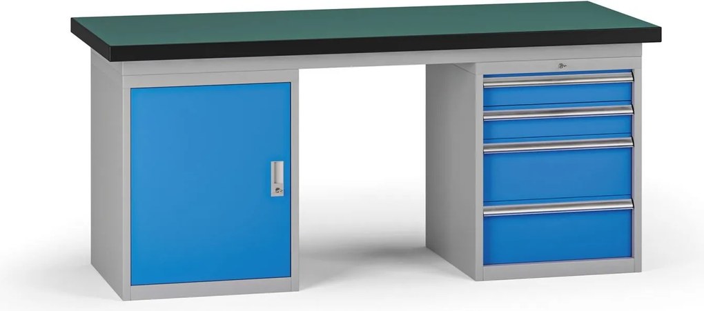 Stół warsztatowy G8, 1800 x 750 x 800 mm, 1x szafka, 1x kontener, 4x szuflada, niebieski