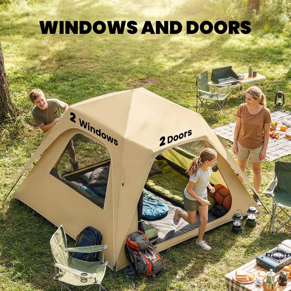 Outsunny Ekspresowy namiot pop-up z ochroną przed deszczem, wodoodporny namiot kopułowy dla 3-4 osób z 2 drzwiami 2 oknami 240x240x160 cm khaki | Aosom PL
